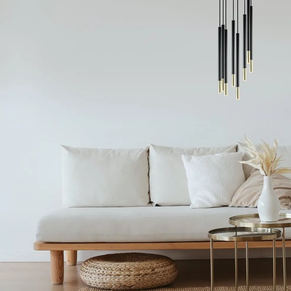 Ronde 8-lichts hanglamp cilinders zwart goud