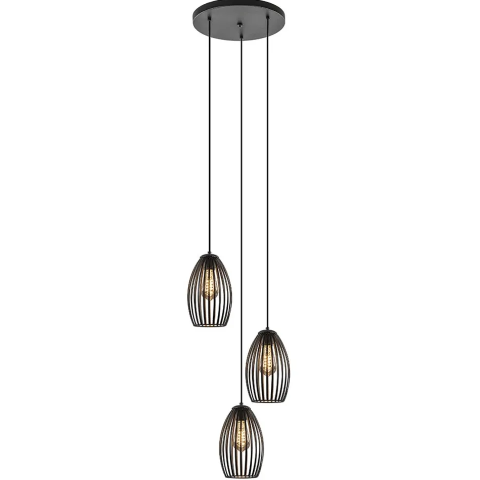 Ronde 3-lichts hanglamp met draadkappen mat zwart