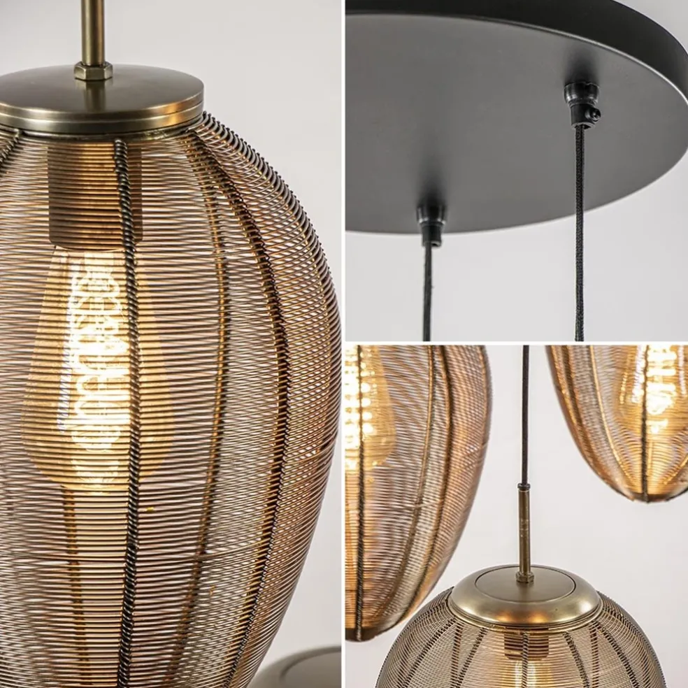 Ronde 3-lichts hanglamp Yaelle antiek brons met zwart