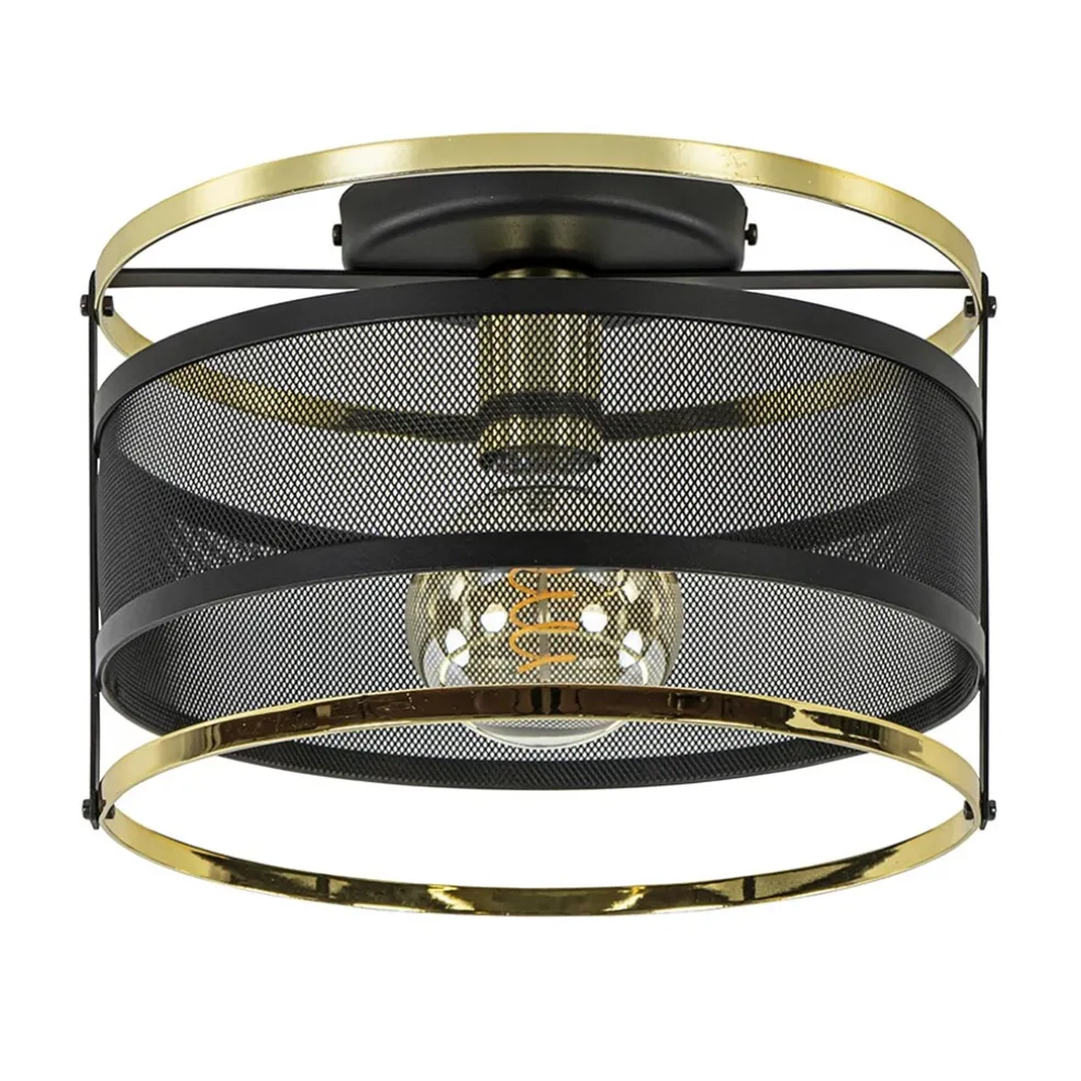 Ronde plafondlamp gaas mat zwart met hoogglans goud