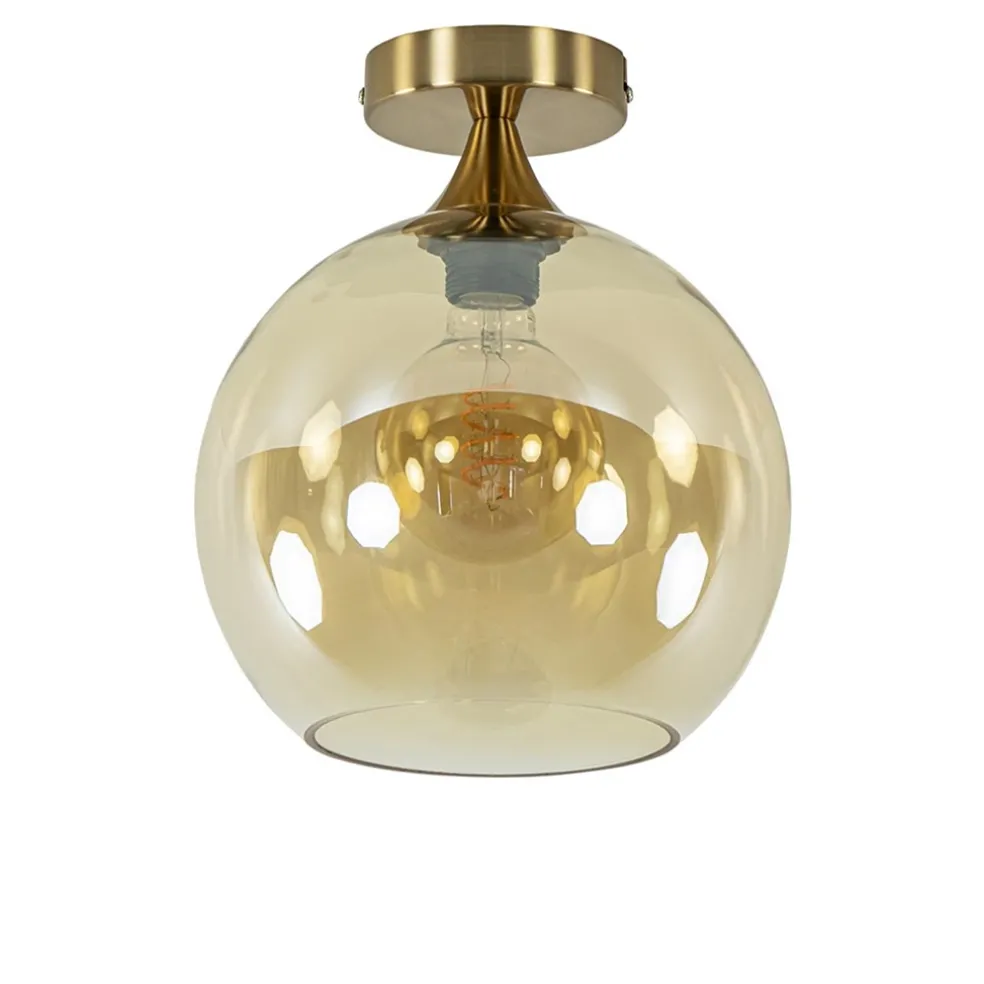 Ronde plafondlamp goud met amber glas