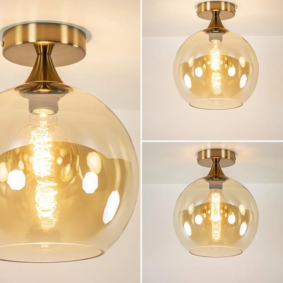 Ronde plafondlamp goud met amber glas