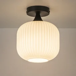 Ronde plafondlamp retro zwart met wit glas