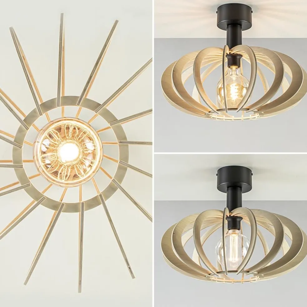 Scandinavische plafondlamp mat zwart met houten kap