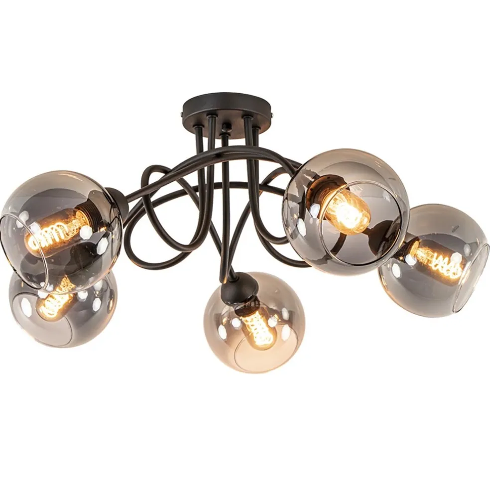 Sierlijke plafondlamp zwart met smoke glazen bollen