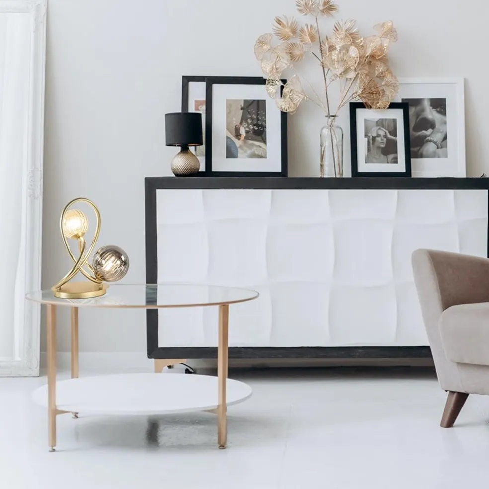 Sierlijke tafellamp goud met amber en smoke glas