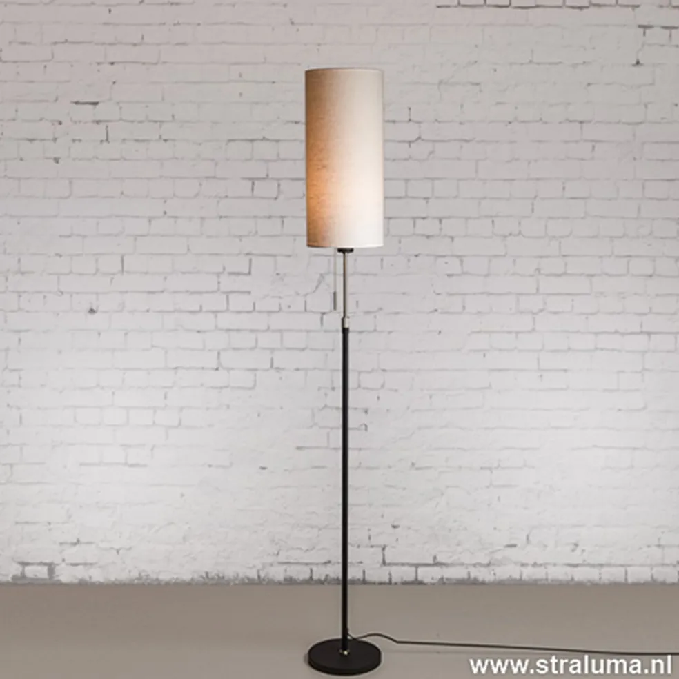 Smalle vloerlamp zwart-staal linnen kap