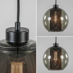 Smoke glazen hanglamp bol met zwarte gaas cilinder