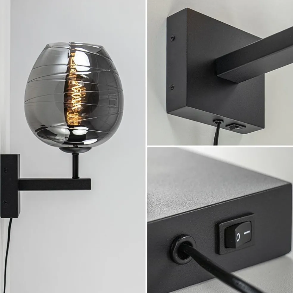 Smoke glazen wandlamp met zwart inclusief snoer