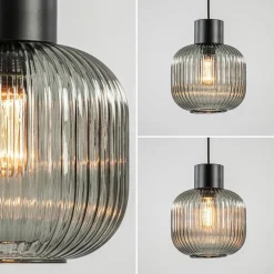Stijlvolle hanglamp smoke glas geribbeld met zwart