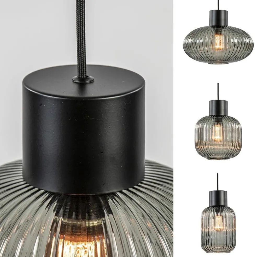 Stijlvolle 6-lichts eettafelhanglamp zwart met smoke glas