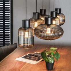 Stijlvolle 6-lichts eettafelhanglamp zwart met smoke glas