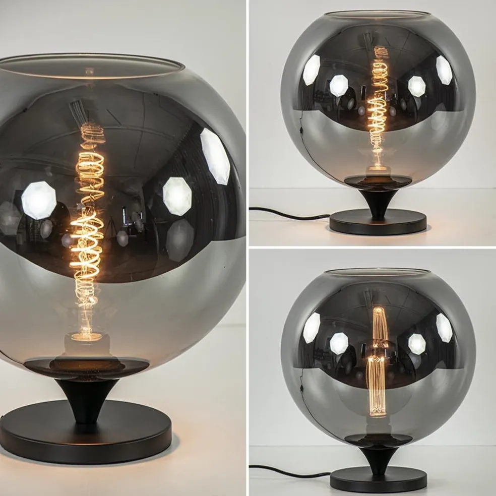 Stijlvolle tafellamp zwart met smoke/titanium glazen bol