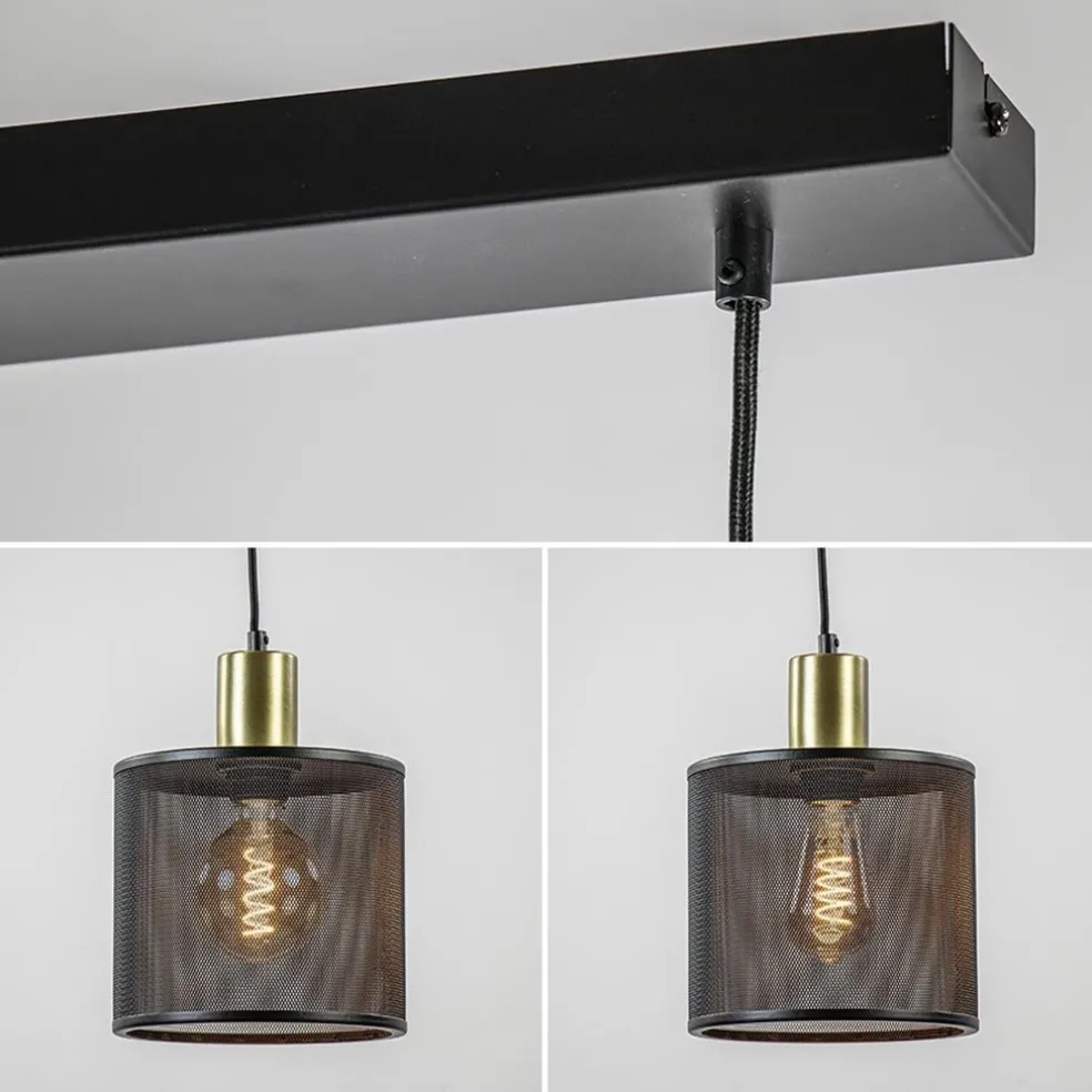Stoere 3-lichts hanglamp mat zwart met goud