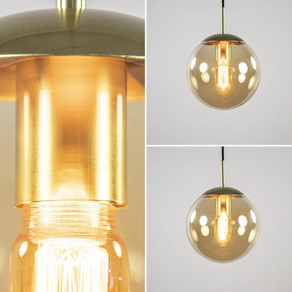 Strak klassieke hanglamp amber glas met messing 20 cm