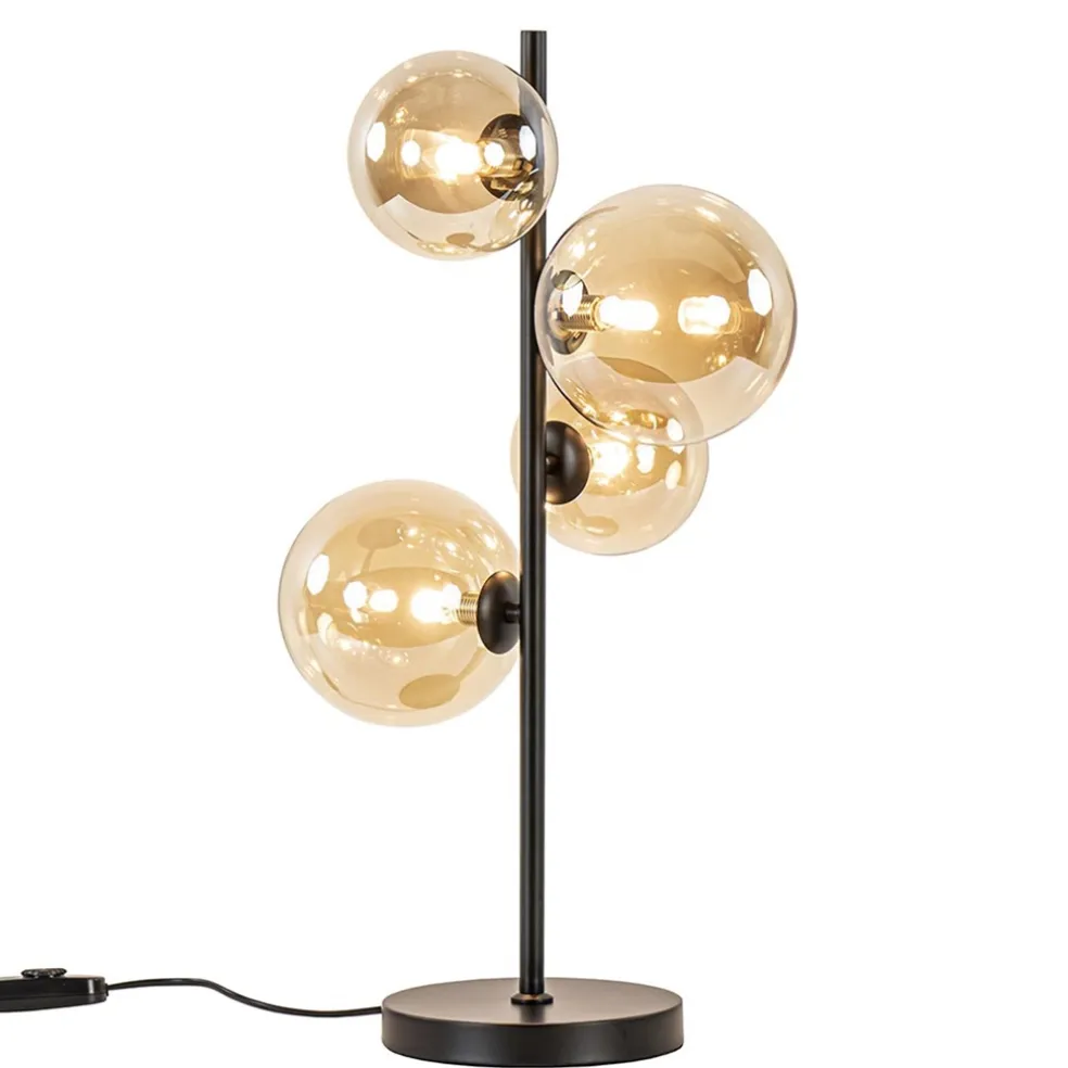 Strak klassieke tafellamp zwart met amber glas