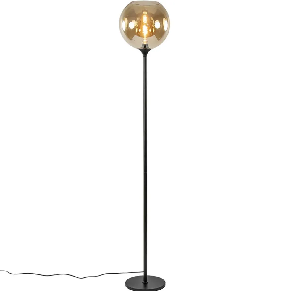 Strak klassieke vloerlamp zwart met amber glas 30 cm