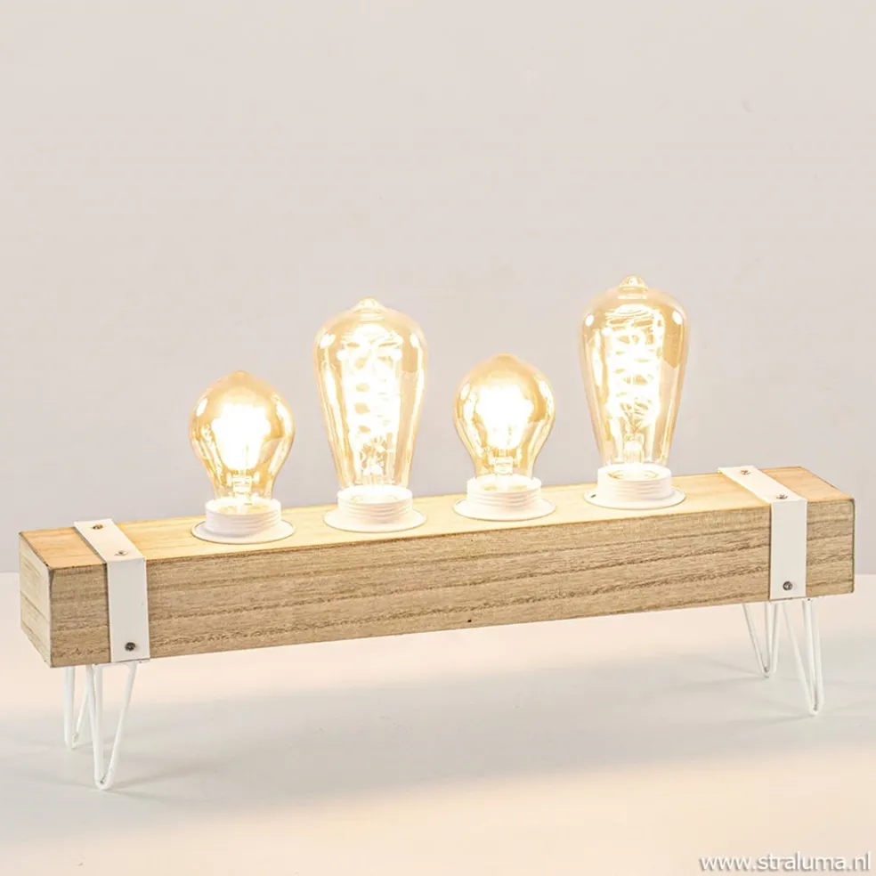 Tafellamp houten balk met witte pootjes 4-lichts exclusief lichtbron