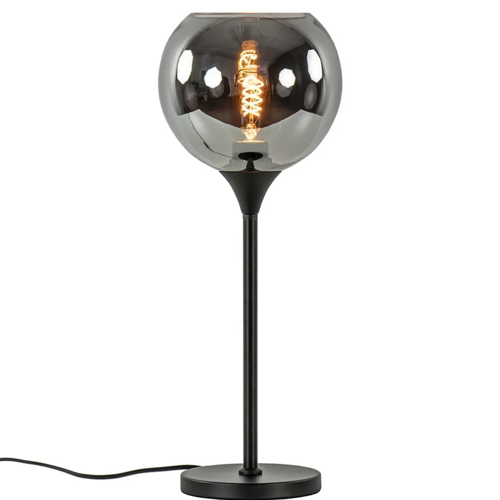 Tafellamp mat zwart met 20 cm smoke glazen bol