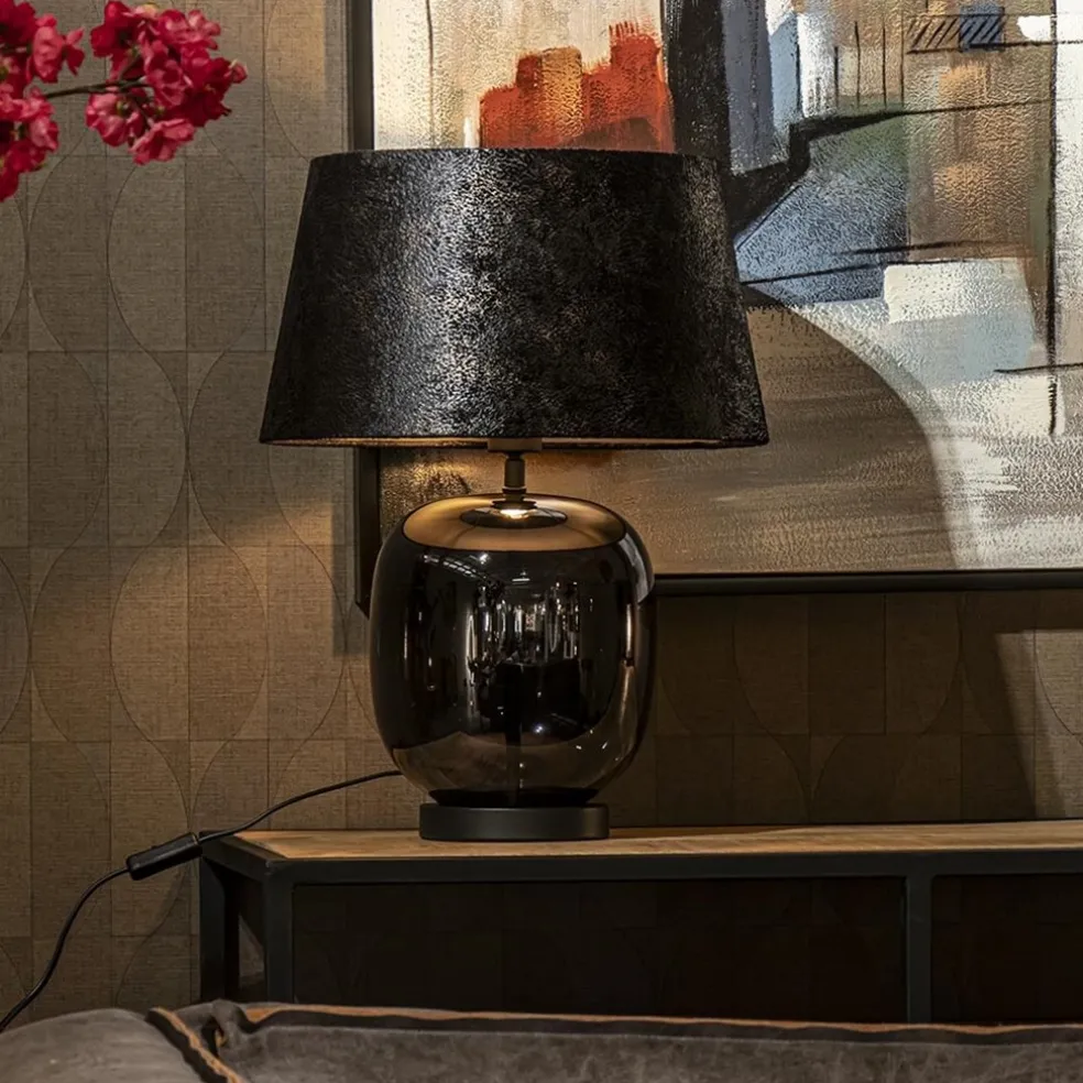 Tafellamp zwart glas met ronde kap 40 cm