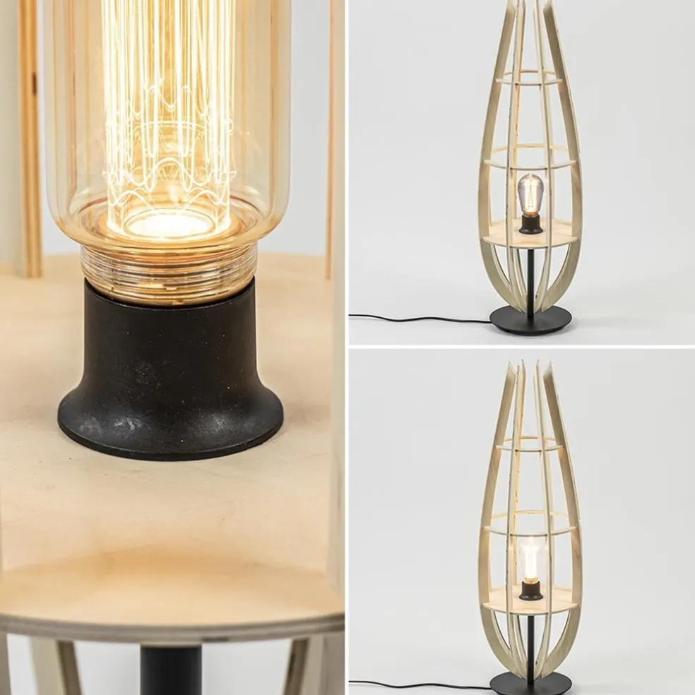 Tafellamp/vloerlamp naturel houten kap met zwart