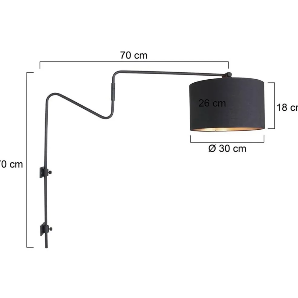 Verstelbare wandlamp met zwart/gouden kap