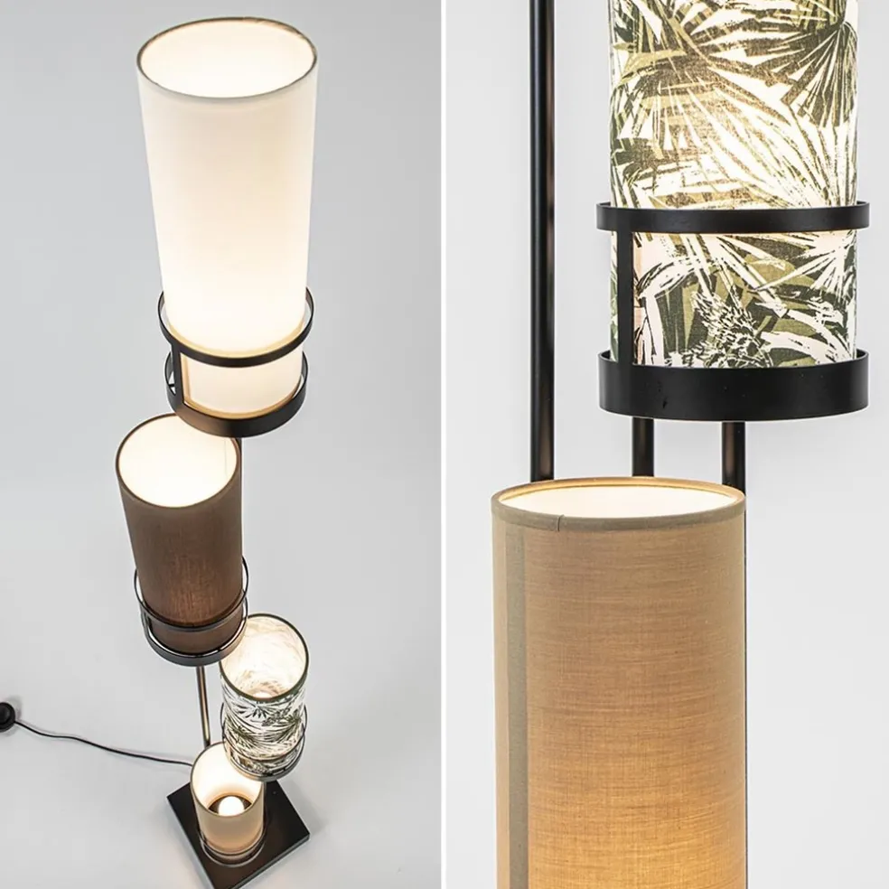 Vloerlamp 4L zwart + cilinder kappen bruin