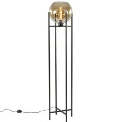Vloerlamp zwart + amber glazen bol