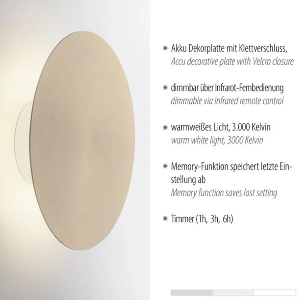 Wandlamp op accu goud 3-standen dimbaar