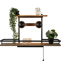 Wandlamp/wandrek zwart met houten planken