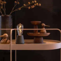 Zwart houten tafellamp oplaadbaar met helder glas