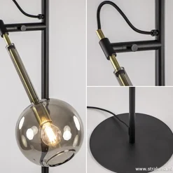Zwart/messing vloerlamp met smoke glas