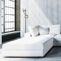 Zwart/messing vloerlamp met smoke glas